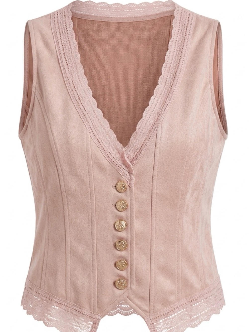 Lace Trim Pink Button Front Faux Suede Vest